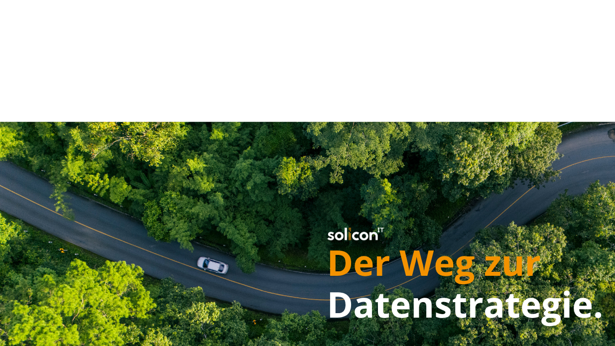 Luftaufnahme einer kurvenreichen Straße durch einen dichten grünen Wald mit dem Titel „Wie gelingt der Weg zur datenbasierten Entscheidungsgrundlage?“